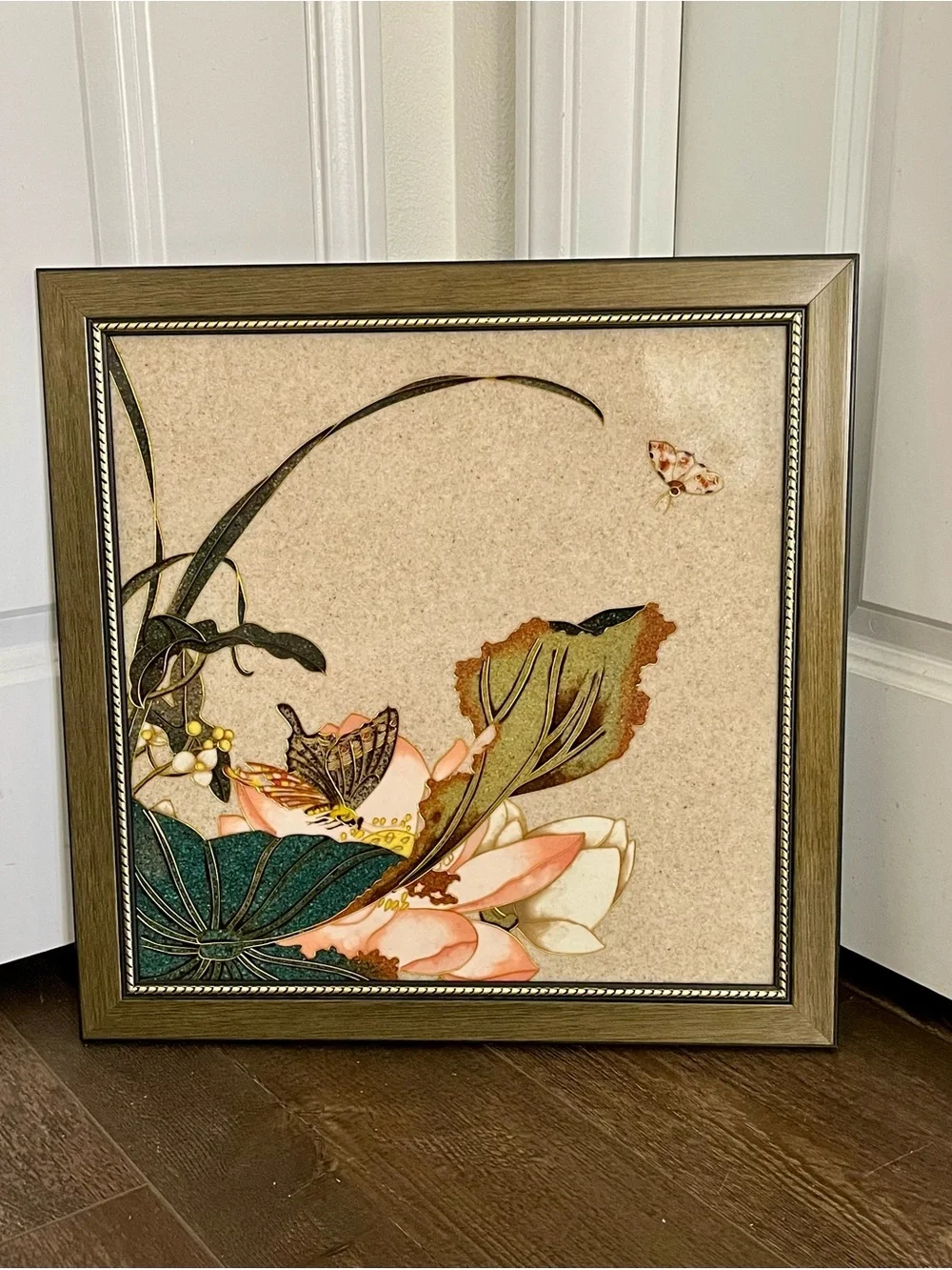 Vintage Ceramic Tile Art Arrangement Of Botanical And Butterfly Motif 18/19 Inch